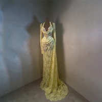 Yellow Lace Evening Dress Sexy Halter Sweetheart Neck Long Sleeves Floor Length Evening Gown Pleat Mermaid Prom Dress Customized
