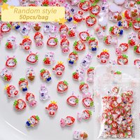50Pcs Mixed Kawaii Red Strawberry Hello Kitty Nail Charms Resin Summer Fruit Kitty Cat Rhinestones Cartoon Manicure Decoration