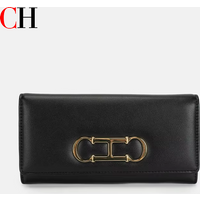 CH Womens Long Wallet Clutch Purse with Gold Metal Logo Large Capacity Card Holder Coin Purse for Ladies