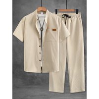 Men's 2 Piece Khaki Waffle Set, Stand Collar Short Sleeve Shirt & Drawstring Pants Summer Casual Outfit