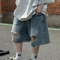 2026 Summer Boys' Ripped Cat Eye Denim Bermuda Shorts Loose Fit Kids' Jeansโ