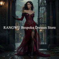 Vampire Gothic Red Wedding Dress With Slit Elegant Long Sleeve Civil War Bridal Dress 2026 Medieval Customized