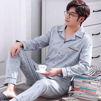 Plaid Print Men's Home Set Long-Sleeve Lapel Top With Pockets And Long Pant Breathable Soft Fit Autumn Sleepwear Loungewear Pjs