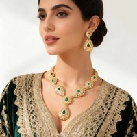 Women's Water Drop Necklace Earrings Set Moroccan Wedding Necklace Green Rhinestone Gold Plated Bridal Jewelry Set Bijoux