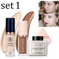 4pcs/Set:Concealer,Contour,Loose Powder&Puff,Full Face Sculpting&Setting Kit,Waterproof Long-Lasting Matte Effect,Oil-Control.