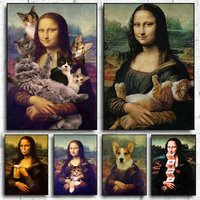 Mona Lisa Funny Wall Art Pictures Canvas Print Posters Famous Portrait Mona Lisa with Cats Canvas Paintings for Home Decor Mural
