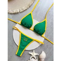 2026 Fashion Embroidery Brasil Flag Contrast Split Bikini Set Women Swimwear Patchwork Swimsuit Hottie Outfit SummerBeachwear