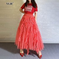 VGH French Sweet Style Patchwork Fungus Skirt for Women High Waist Spliced Elastic Folds Long Mesh Skirts Female Spring 2025 New