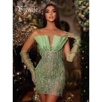 VC Celebrity Party Dresses For Women Sexy Strapless Mesh Beading Mini Green Elegant Luxury Vestidos With Gloves
