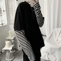 Cool rayé Patchwork T-Shirt hommes automne surdimensionné hauts garçons solide à manches longues T-Shirt mode japonais gothique japon T-Shirt