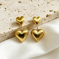 Vintage 18K Gold Plated Stainless Steel Ear Clips Double Heart Shaped Drop Earrings for Women Waterproof Non Hole Jewelry Gift