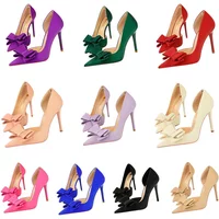 2024 Women 10.5cm High Heels Sweet Korean Side Hollow Pumps Lady Party Purple Green Kawaii Bowknot Heels Prom Silk Satin Shoes