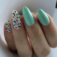 Medium fake nails for women girls green blue leopard print for Spring summer season almond nail tips full cover press on nails