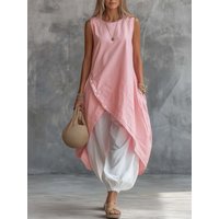 Casual Women Summer 2PCS Matching Set O-Neck Irregular Long Shirt Dress And Solid Harem Pants Pocket Ladies Outfit Streetwear