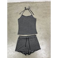 Fashionable Personalized Spicy Girl Striped Casual Suit Hanging Neck tie up Vest Punk Low Waist Hip Hugging Shorts Set For Woman