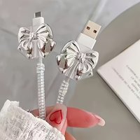 2Pcs Korean Silver Bow Clear Charger Data Cable Protector Cover Charger Cute Line Protectors Winder Anti-break Cord Cover Wrap