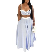 Women's Summer Sexy Fashion Camisole Top with Lace Splicing & High Waist Striped Skirt 2pcs Set