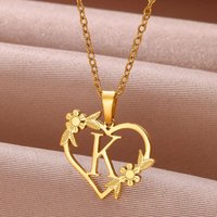 Stainless Steel Heart A-Z Letter Necklace for Women Gold Color Flower Pendant Necklaces Initials Name Alphabet Jewelry Gift