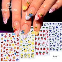 SWEET TREND-4pcs 3D Fruit Nail Art Stickers Blue Bohemian French Floral Design Summer Lemon Cherry Fruit Nail Decal DIY Manicure