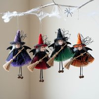 4/1pcs Halloween Hanging Witch Ornaments with Broom & Bells, Lace Skirt Witch Doll Pendant, Halloween Tree Decor, Home Party