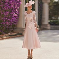 Customized Mother of Bride Gowns for Women Satin A-line Party Dress Pink V-neck Applique Bow Pearls Groom's Mother Dresses Midi