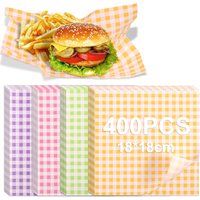 400Pcs Greaseproof Paper Liners Sandwich Wrapping Paper 4 Colors Wax Paper Sheets for BBQ Picnic Festival Party Fast Food