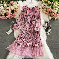 YuooMuoo Long Sleeves Lace Patchwork Pleated Long Dress 2025 New Autumn Temperament Cross Floral Print Party Dress Vestidos