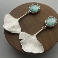 Vintage Handmade Silvery Plated Ginko Shaped Pendant Earrings Women Fashion Temperament Festival Celebration Jewelry Accessories