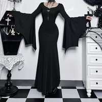Gothic Goth Black Maxi Dress Woman Dark Slim batwing sleeve Slim Party Prom Lolita Streetwear Long Lace Dresses Women Clothes