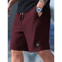 Summer men's waffle casual shorts, drawstring elastic waist loose beach pants, pocket-labeled five-point pants