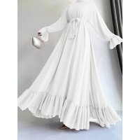 Casual and elegant solid color loose strap round neck flared sleeve long sleeved patchwork pleated dress long skirt