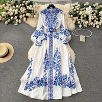 Fashion New 2024 Retro Palce Style Long Maxi Dress Femme Stand Collar Lantern Sleeve Single Breasted Floral Print Party Dresses