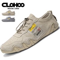 CLOHOO Men Lightweight Sneakers Non-slip Sole Stitch Genuine Solid Leather Shoes Outdoor Casual Walking Driving Flats Shoes