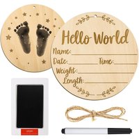 Baby Announcement Sign, 5.9 Inch Round Baby Nursery Name Signs with Ink Pad for Baby Hand and Footprints Wooden Hello World