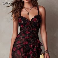 Floral Ruffle Hem Bodycon Dress Womens Spaghetti Strap Sweetheart Neck Ruched High Slit Asymmetrical Dress Holiday Evening Dress
