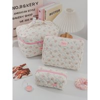 Cute Floral Quilted Makeup Bag For Women Large Capacity Portable Travel Cosmetic Bag Toiletry Organizer Pouch