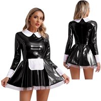 Womens Maid Servant Cookie Apron Cosplay Dress Patent Leather Tutu Skirts Satin Tulle Underskirt A-Line Halloween Party Clubwear