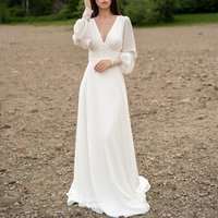 A-Line Chiffon Wedding Dress Deep V-Neck Lantern Sleeves with Lace Applique and Buttons Sexy Open Back Bridal Custom Gowns Robe