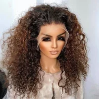 Soft 26“Long Ombre Brown Color Kinky Curly 180Density Lace Front Wig Synthetic For Women High Temperature Glueless Daily