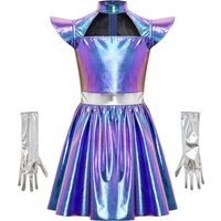 Kids Girls Alien Cosplay Costume Hollow Out Flying Sleeve Metallic A Line Dress with Gloves for Halloween Robot Outerspace Party