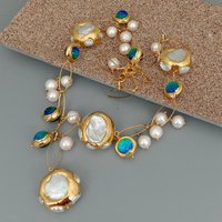 YYGEM hot sale ! Blue Murano Glass 10-11mm Freshwater Cultured 27mm White Keshi Pearl Gold Filled Chain Necklace 21"