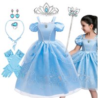 Fairy Tale Glass Slipper Cinderella Dress Children Carnival Party Dainty Ball Gown Summer Blue Off-Shouder Princess Puff Skirt