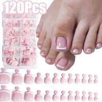 120Pcs Glossy Nude Pink French Press-On-Toenail Set 1*Box Short French Square Fake Toe Nails Solid-Color Manicure Toenails Tips