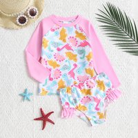 2pcs Summer Baby Girls Pink Dinosaur Print Rash Guard Set, Long Sleeve Top + Ruffle Swim Shorts, Cute UPF Style, Beach/Pool Wear