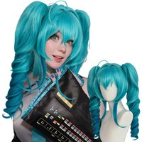 Blaue Farbverlauf-Doppel-Pferdeschwanz-Perücke aus hochwertigem Synthetikhaar, virtuelle Sängerin Spiral-Pferdeschwanz-Perücke, Reality-Show-Perücke