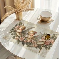 1PC Vintage Cherub & Rose Placemats, Rectangular Table Mats with Golden Angels & Pink Roses Decor