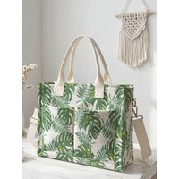 Tropical Monstera Leaf Print Corduroy Tote Bag Large Capacity Multi Pocket Plant Lover Commuter Shoulder Bag