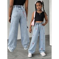 Red Heart Mix Embroidered Wide Leg Jeans for Girls Light Wash Half Elastic Waist Preppy Outfit for 4th of July
