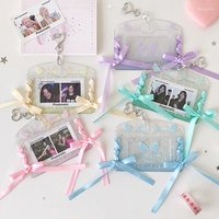 Kpop Transparent Ribbon Bow 3-Inch Photo Card Holder Cute Girl Polaroid Photo Storage Card Bag Pendant Decoration Keychain Gifts