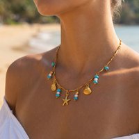 Starfish Shell Necklace Stainless Steel Wavy Chain Gold Plated Turquoise Pearl Ocean Summer Statement Jewelry Waterproof